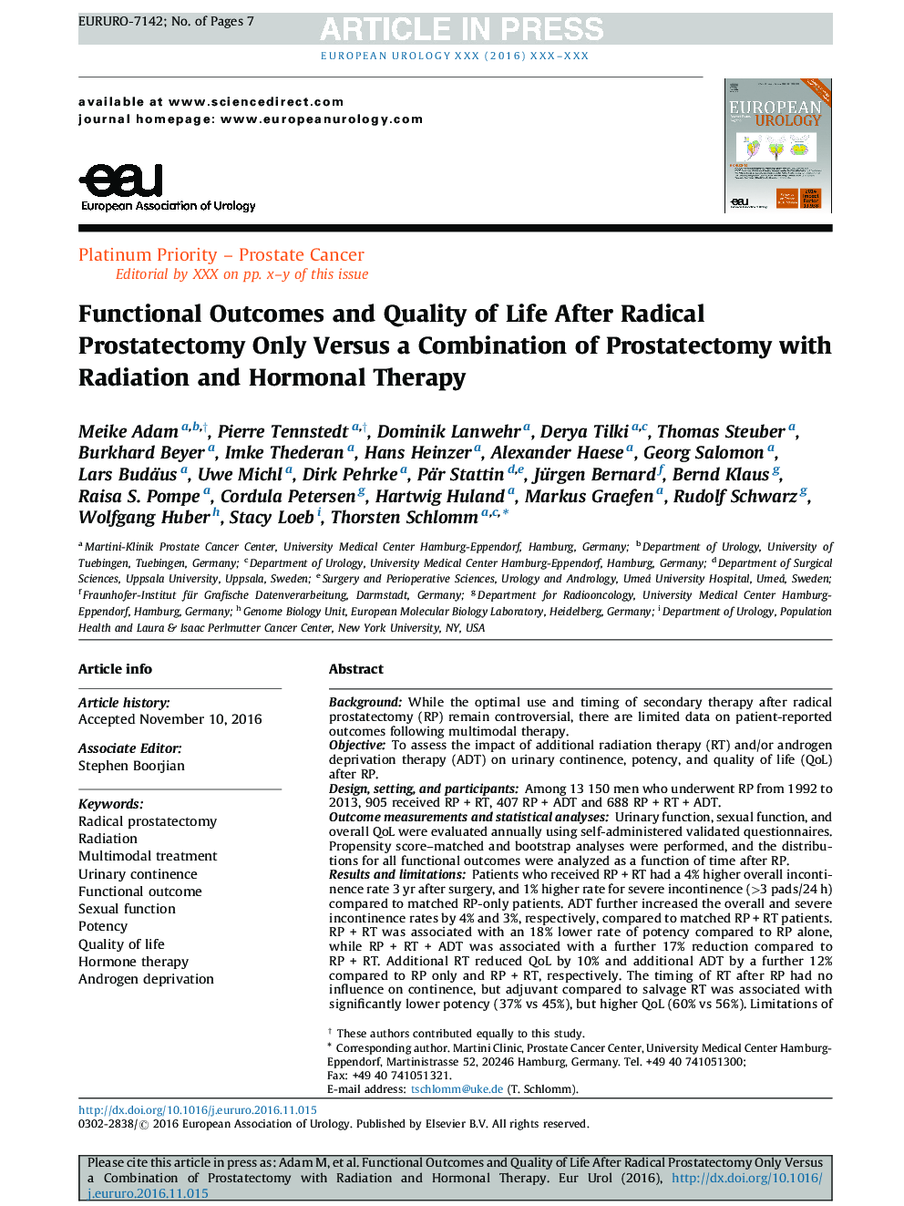 Functional Outcomes and Quality of Life After Radical Prostatectomy Only Versus a Combination of Prostatectomy with Radiation and Hormonal Therapy