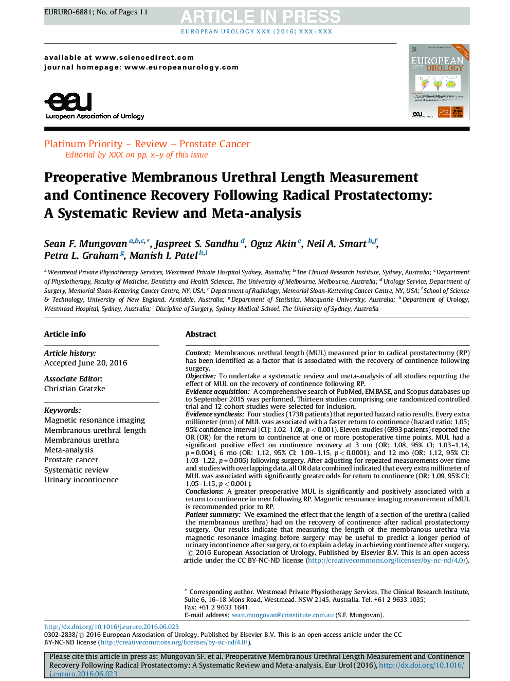 Preoperative Membranous Urethral Length Measurement and Continence Recovery Following Radical Prostatectomy: A Systematic Review and Meta-analysis