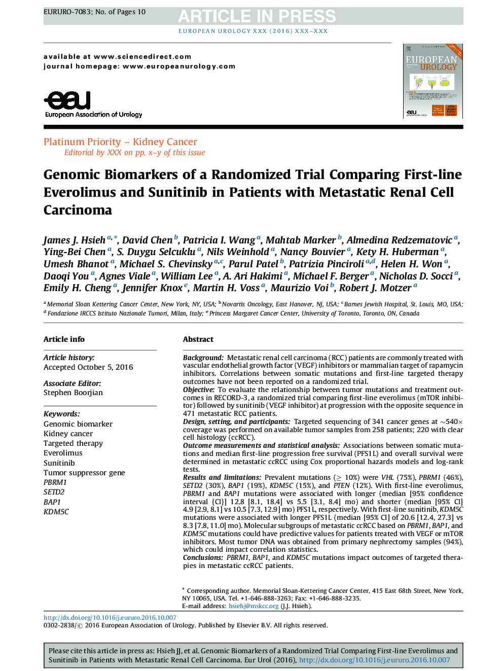 بیومارکرهای ژنومی یک آزمایش تصادفی مقایسه مقادیر اولولیموس و سانیتینیب در بیماران مبتلا به سل کارسینوم سلولهای متاستاتیک 