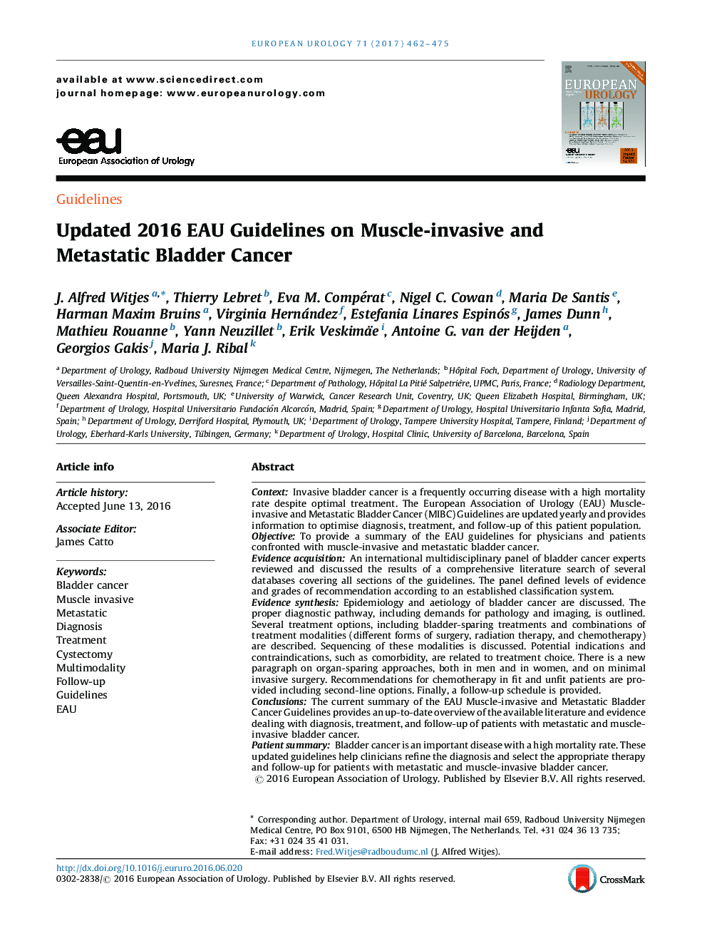 Updated 2016 EAU Guidelines on Muscle-invasive and Metastatic Bladder Cancer