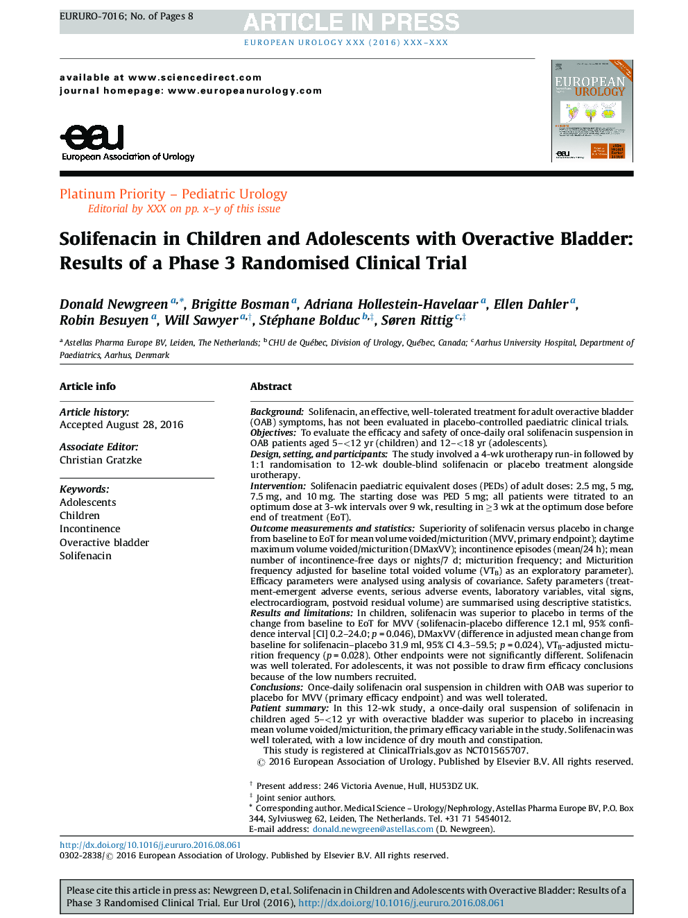 Solifenacin in Children and Adolescents with Overactive Bladder: Results of a Phase 3 Randomised Clinical Trial