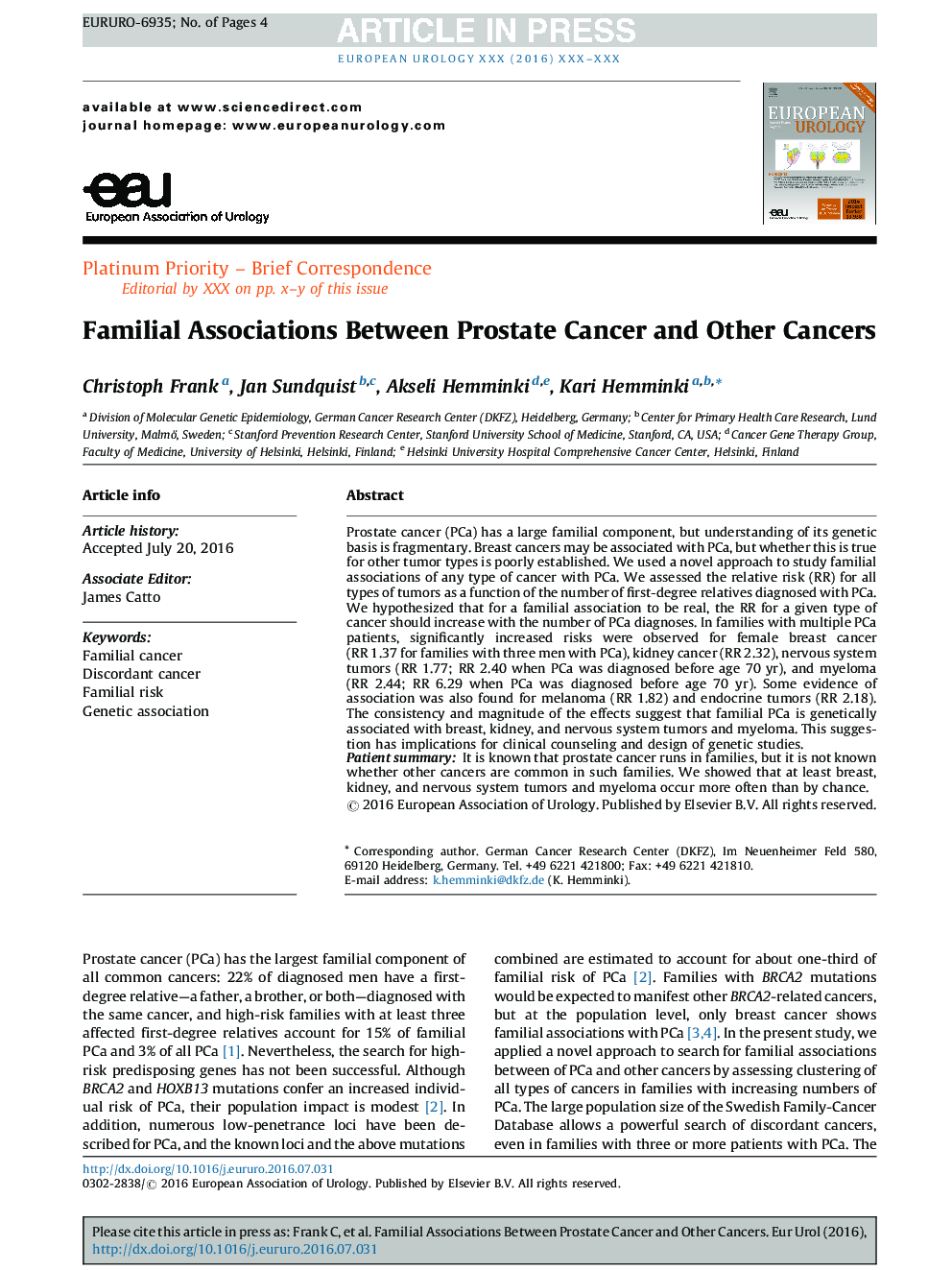 Familial Associations Between Prostate Cancer and Other Cancers