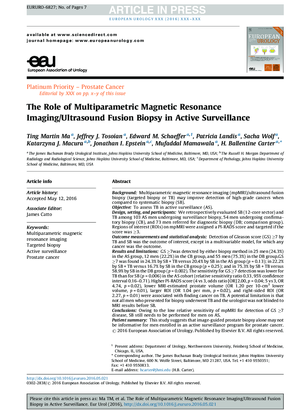 The Role of Multiparametric Magnetic Resonance Imaging/Ultrasound Fusion Biopsy in Active Surveillance