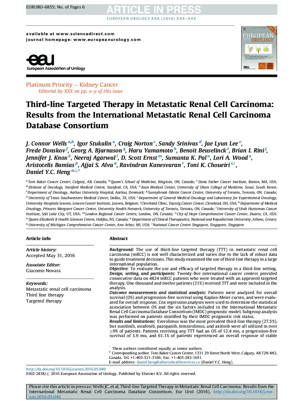 درمان سوم هدفمند در کارسینوم سلولهای متاستاتیک کلیه: نتایج کنسرسیوم پایگاه داده بین المللی متاستاتیک سلول های سرطانی کلیه 
