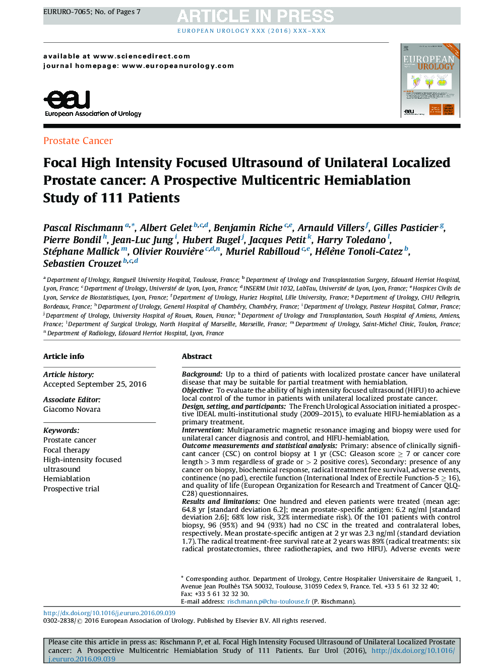 Focal High Intensity Focused Ultrasound of Unilateral Localized Prostate Cancer: A Prospective Multicentric Hemiablation Study of 111 Patients