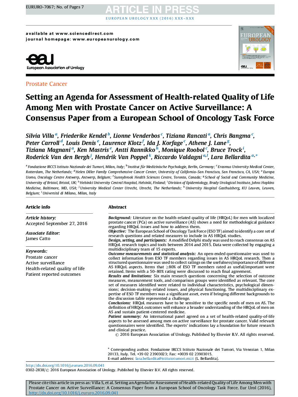 Setting an Agenda for Assessment of Health-related Quality of Life Among Men with Prostate Cancer on Active Surveillance: A Consensus Paper from a European School of Oncology Task Force