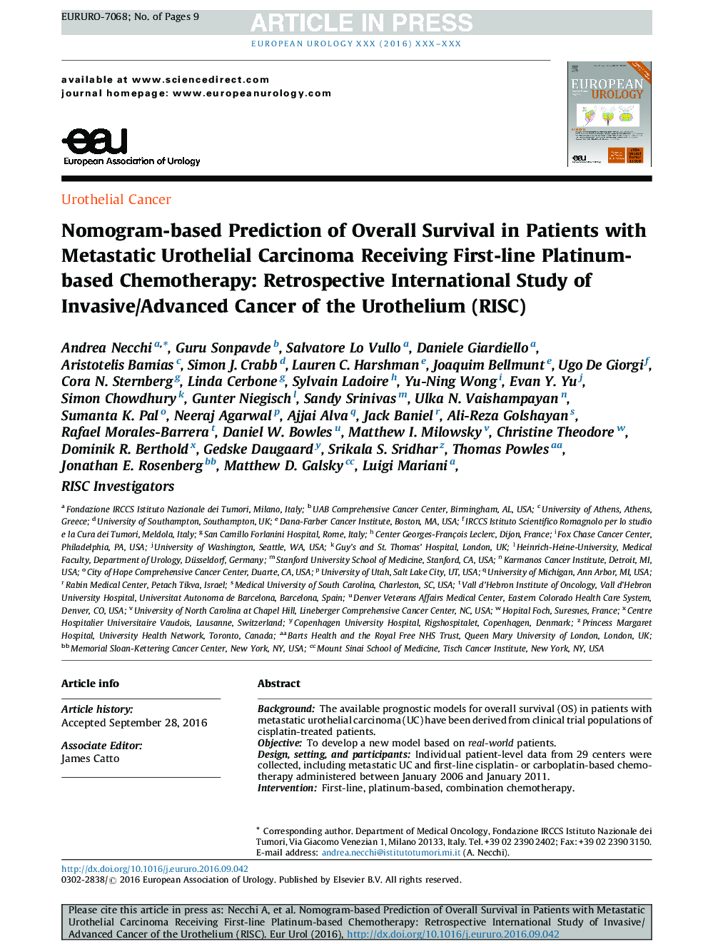 Nomogram-based Prediction of Overall Survival in Patients with Metastatic Urothelial Carcinoma Receiving First-line Platinum-based Chemotherapy: Retrospective International Study of Invasive/Advanced Cancer of the Urothelium (RISC)