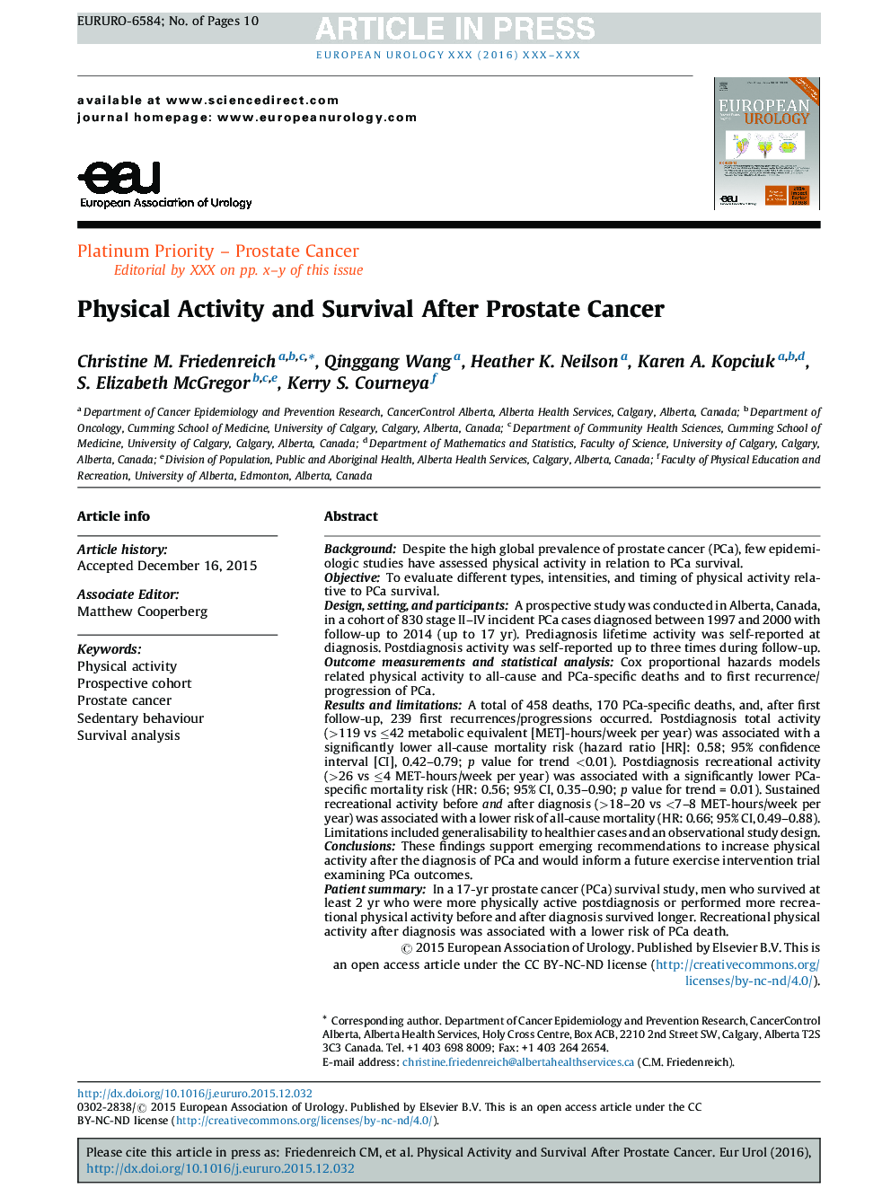 Physical Activity and Survival After Prostate Cancer