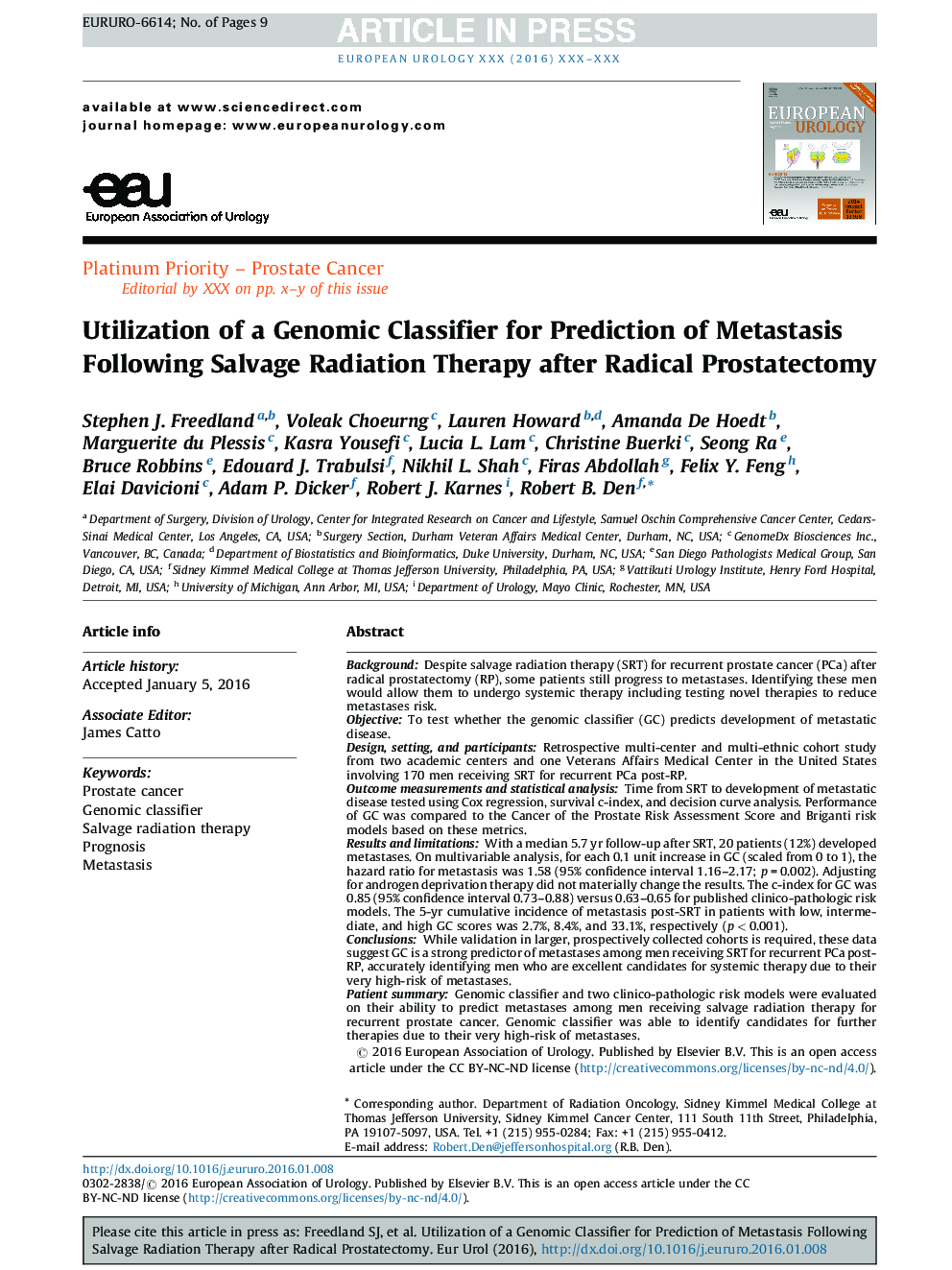 Utilization of a Genomic Classifier for Prediction of Metastasis Following Salvage Radiation Therapy after Radical Prostatectomy