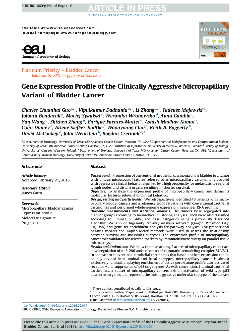 Gene Expression Profile of the Clinically Aggressive Micropapillary Variant of Bladder Cancer