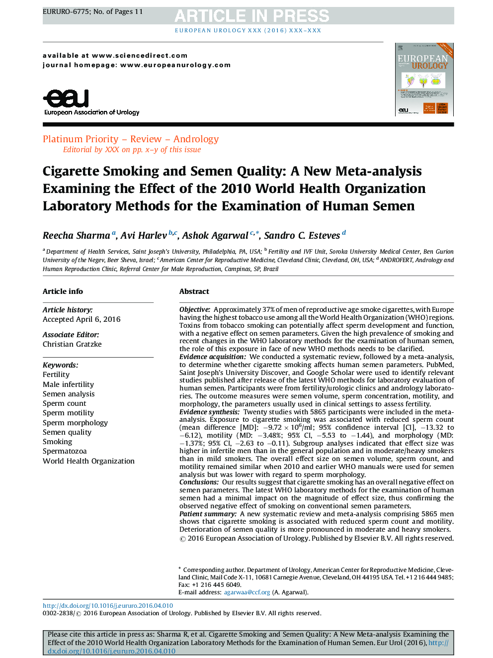 سیگار کشیدن سیگار و کیفیت مایع: یک متاآنالیز جدید بررسی تاثیر آزمایشات روشهای آزمایشگاهی سازمان بهداشت جهانی سال 2010 برای بررسی اسپرم انسان 