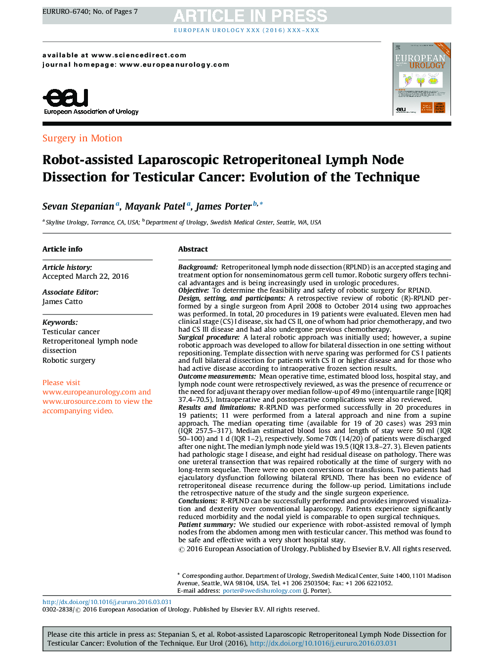 Robot-assisted Laparoscopic Retroperitoneal Lymph Node Dissection for Testicular Cancer: Evolution of the Technique