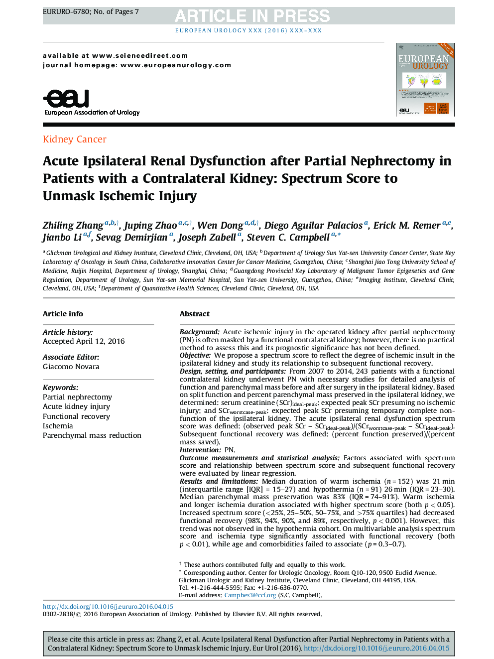 Acute Ipsilateral Renal Dysfunction after Partial Nephrectomy in Patients with a Contralateral Kidney: Spectrum Score to Unmask Ischemic Injury