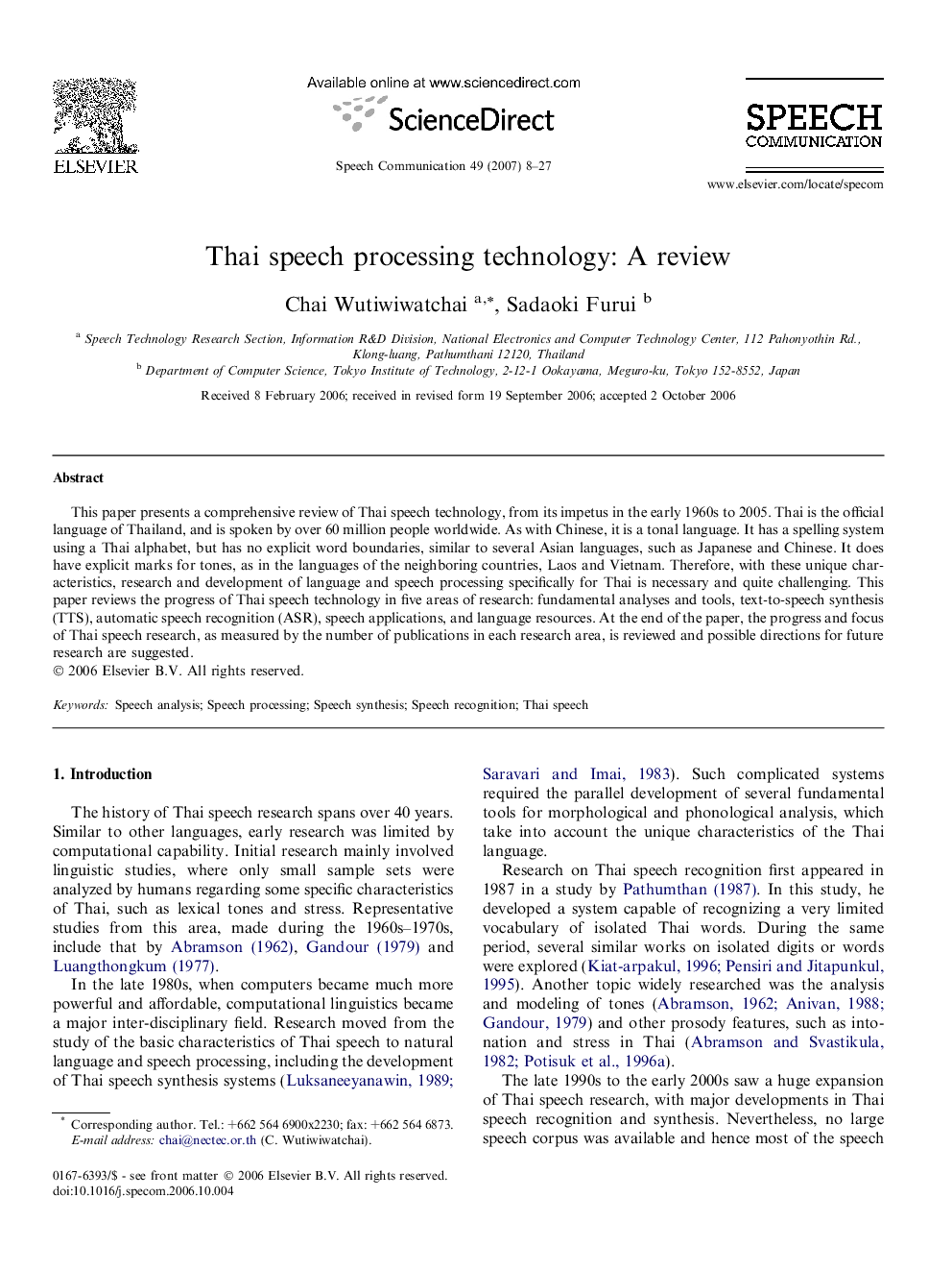 Thai speech processing technology: A review