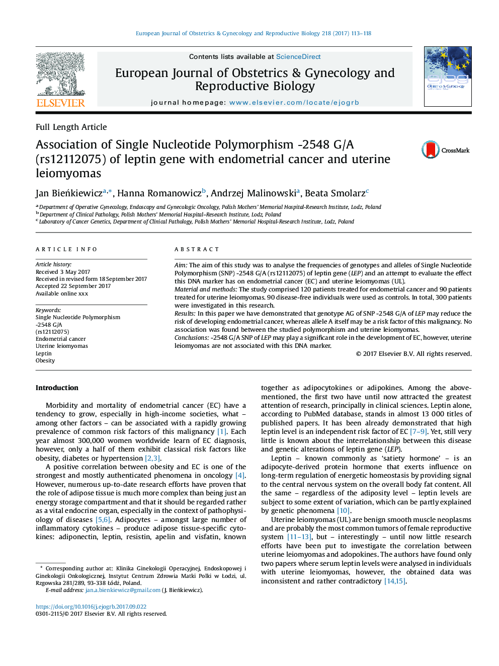 Association of Single Nucleotide Polymorphism -2548 G/A (rs12112075) of leptin gene with endometrial cancer and uterine leiomyomas