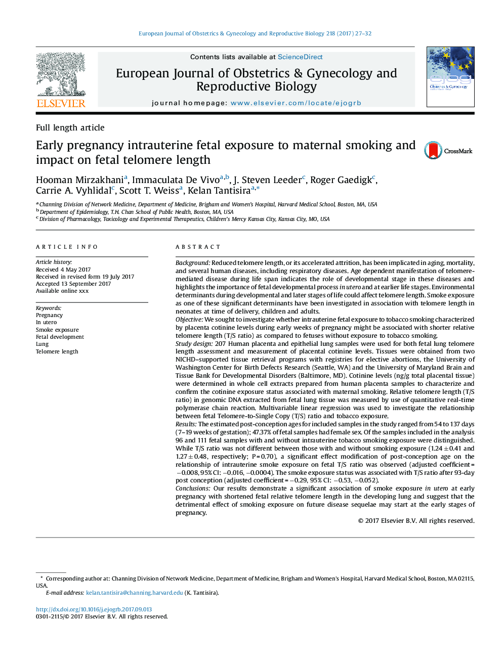 Early pregnancy intrauterine fetal exposure to maternal smoking and impact on fetal telomere length