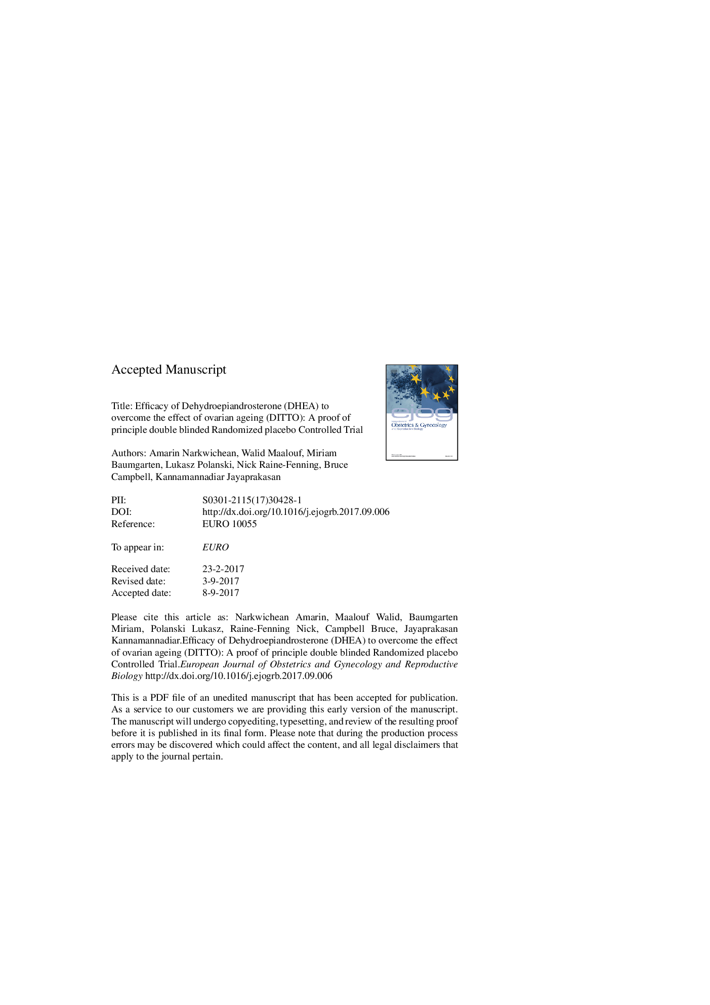 Efficacy of Dehydroepiandrosterone (DHEA) to overcome the effect of ovarian ageing (DITTO): A proof of principle double blinded randomized placebo controlled trial