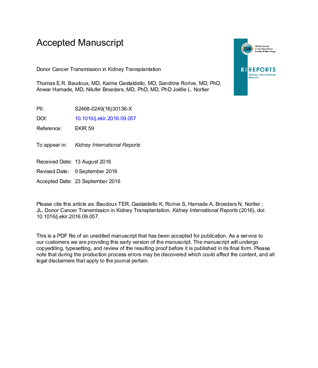 Donor Cancer Transmission in Kidney Transplantation