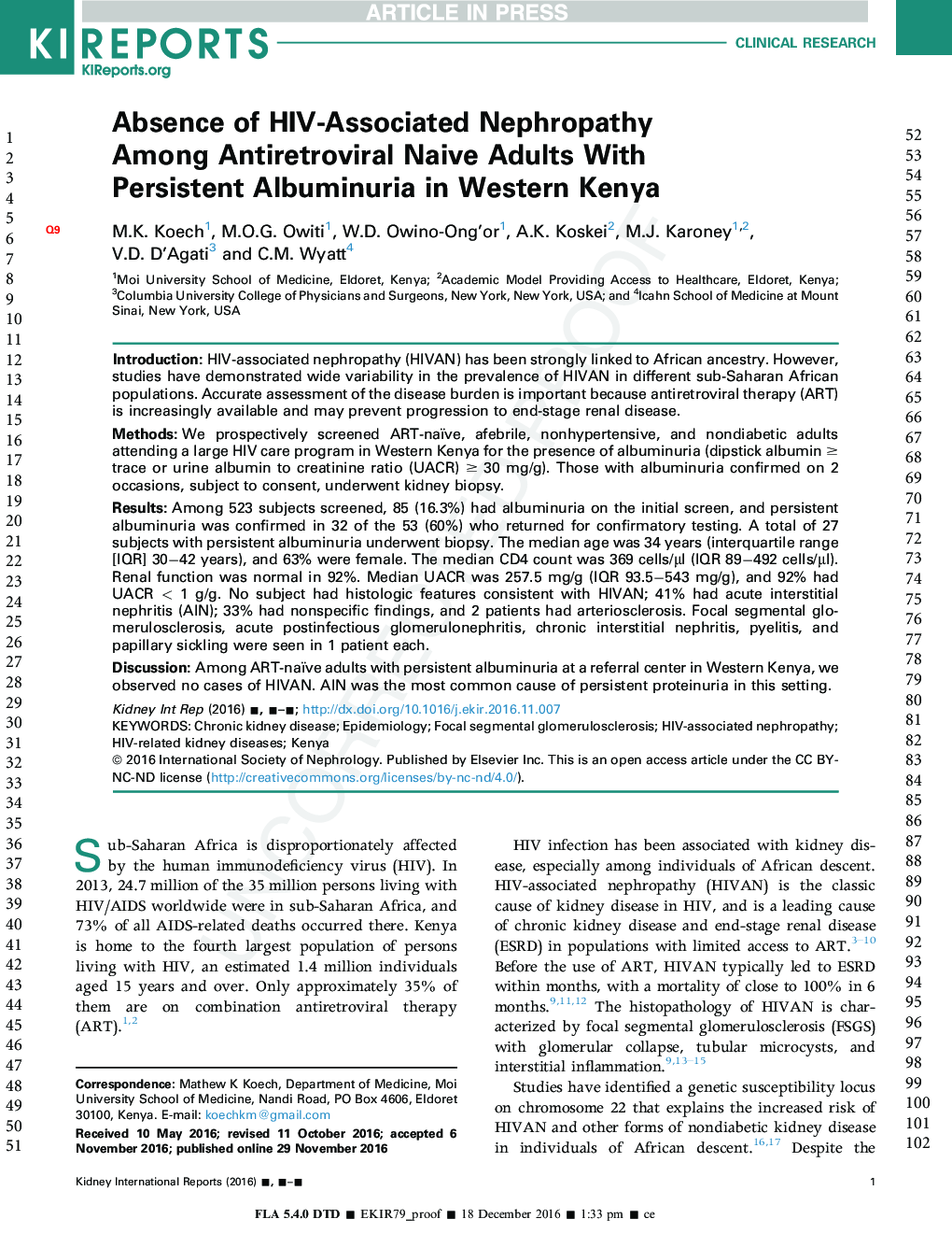 عدم وجود نفروپاتی وابسته به اچ آی وی در میان بزرگسالان مبتلا به ضد رتروویروسی با آلبومینوری پایدار در کنیا غربی 