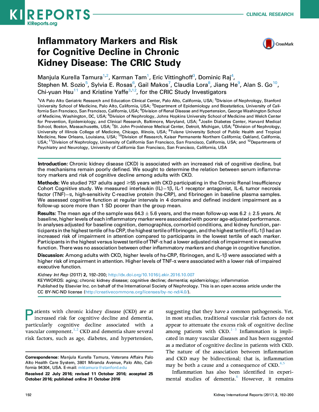 Inflammatory Markers and Risk forÂ Cognitive Decline in Chronic KidneyÂ Disease: The CRIC Study