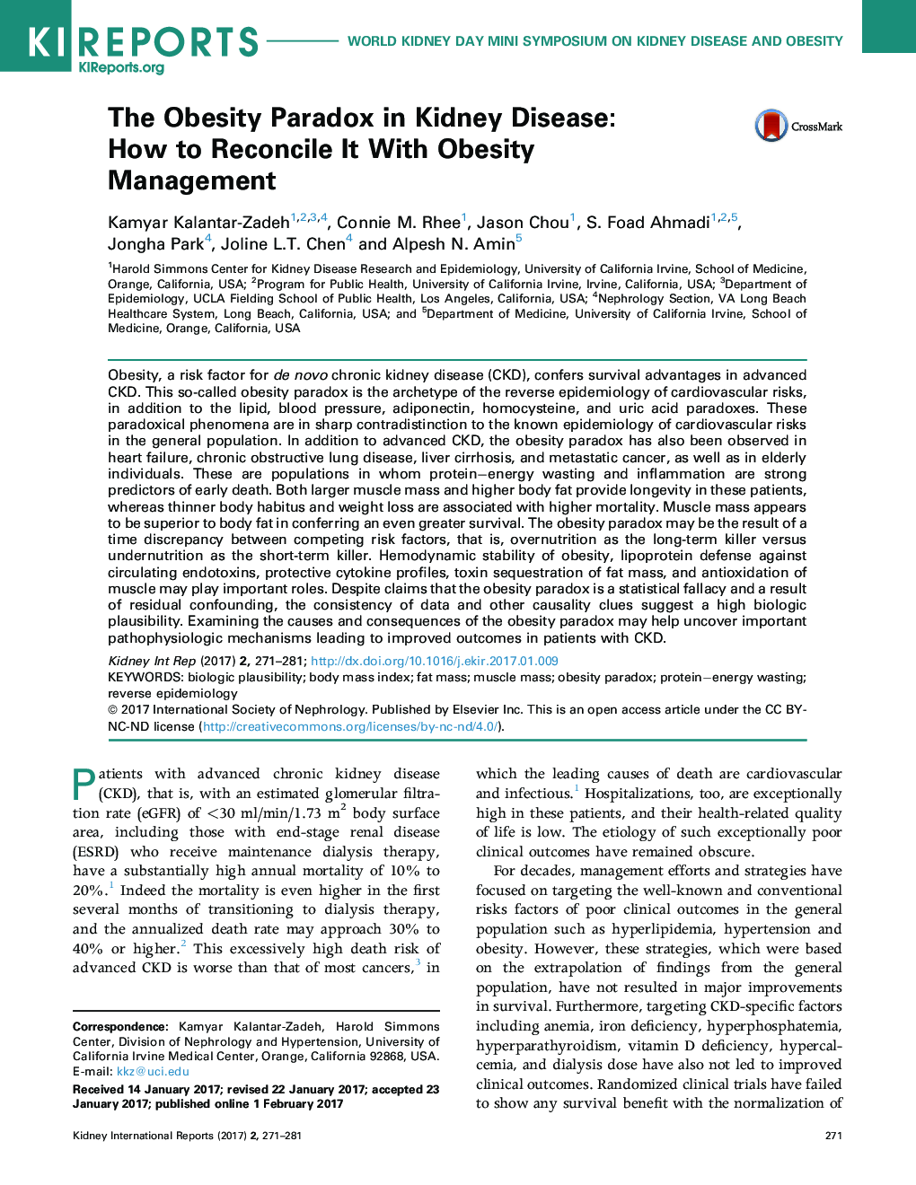 The Obesity Paradox in Kidney Disease: How to Reconcile It With Obesity Management
