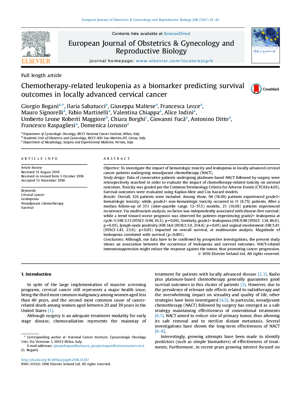 Chemotherapy-related leukopenia as a biomarker predicting survival outcomes in locally advanced cervical cancer