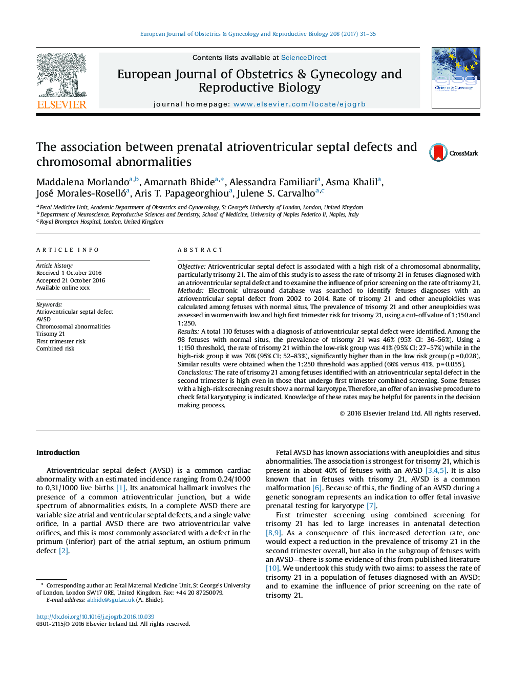 The association between prenatal atrioventricular septal defects and chromosomal abnormalities