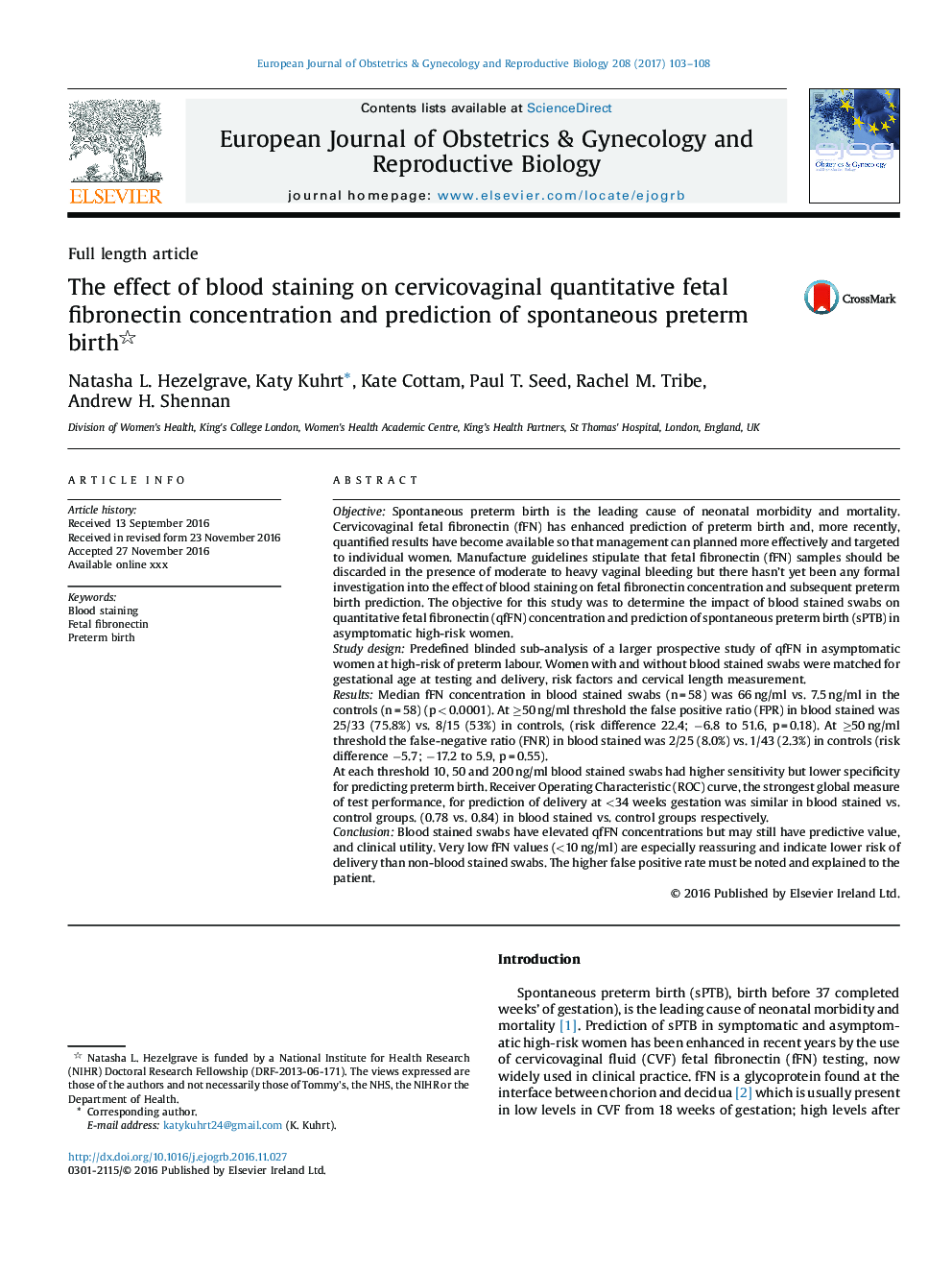 The effect of blood staining on cervicovaginal quantitative fetal fibronectin concentration and prediction of spontaneous preterm birth