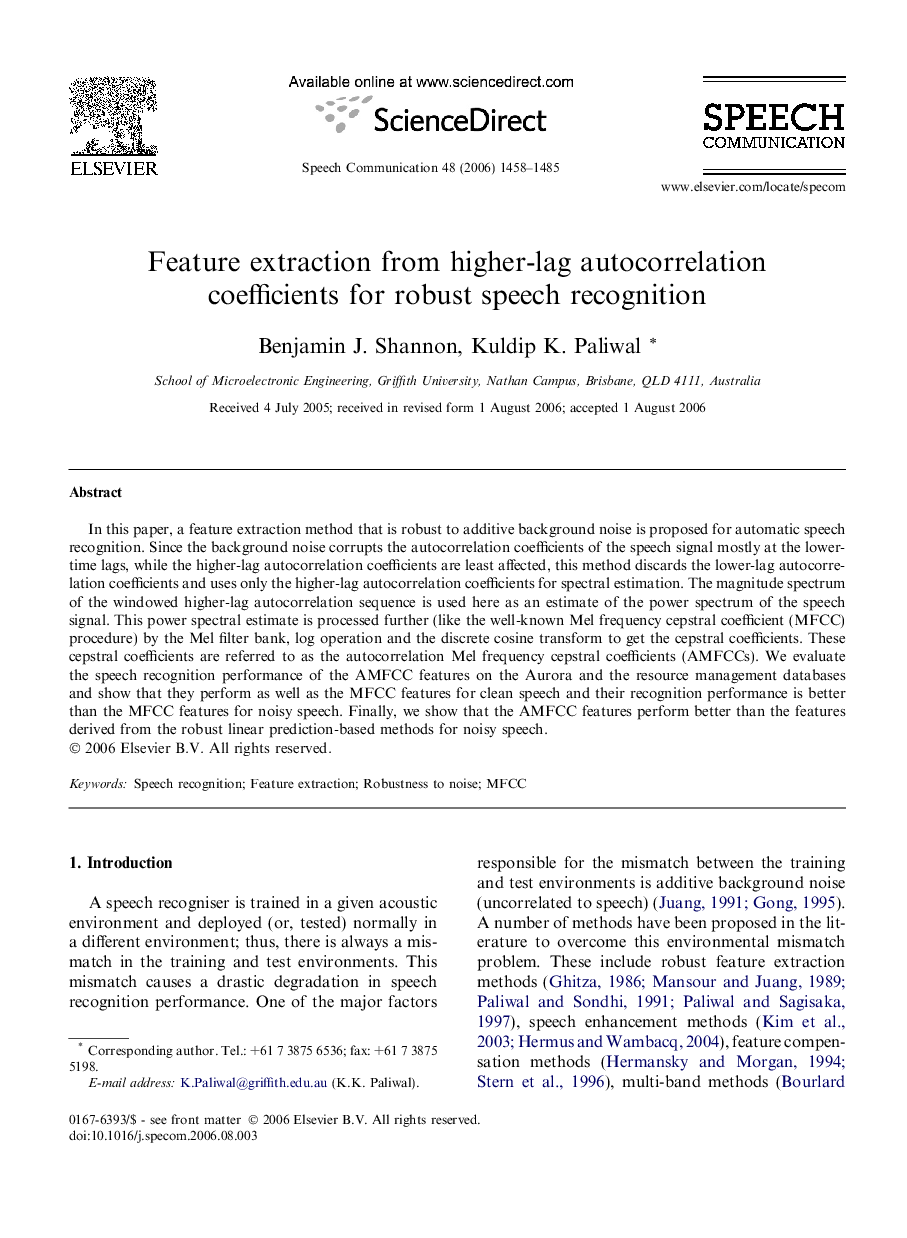 Feature extraction from higher-lag autocorrelation coefficients for robust speech recognition