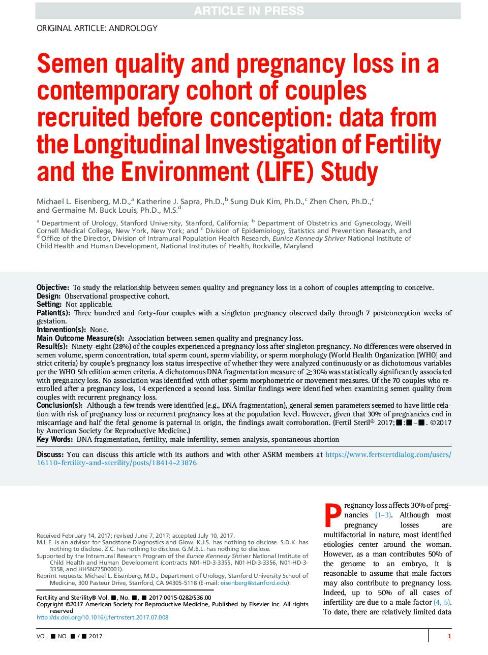 Semen quality and pregnancy loss in a contemporary cohort of couples recruited before conception: data from the Longitudinal Investigation of Fertility and the Environment (LIFE) Study