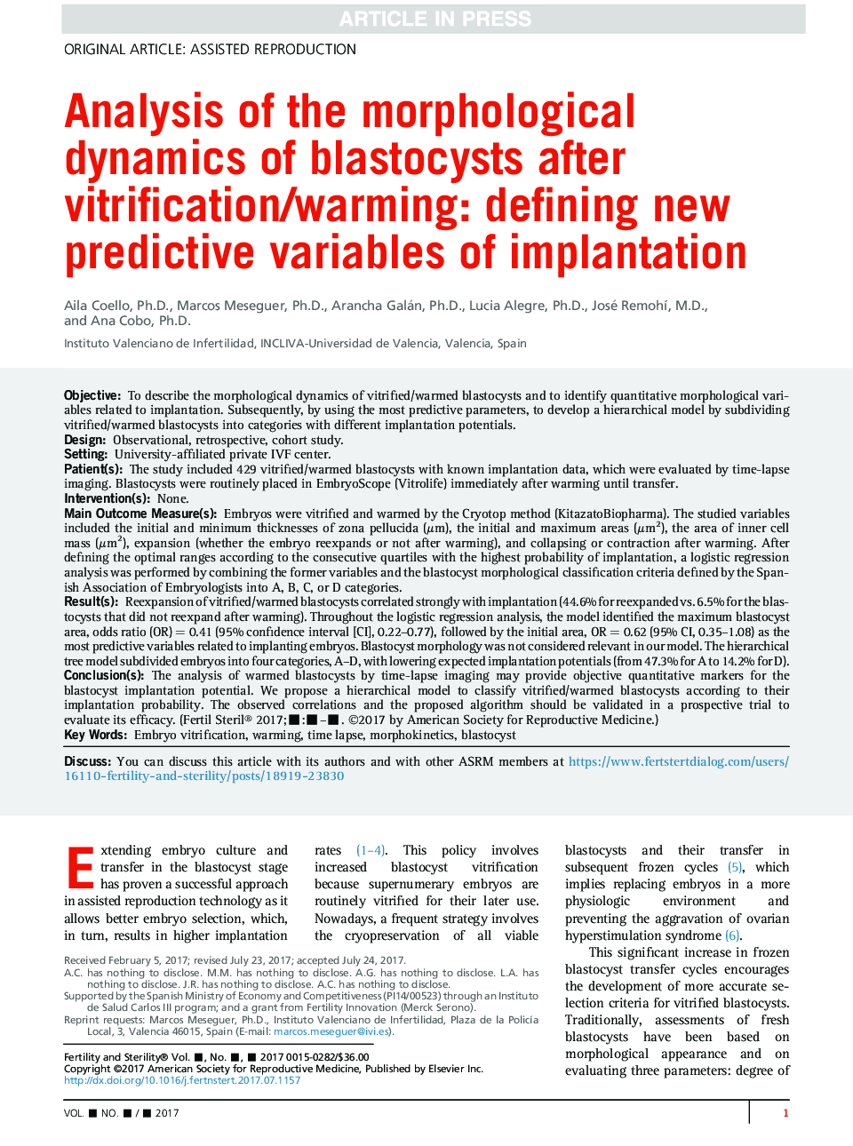 Analysis of the morphological dynamics of blastocysts after vitrification/warming: defining new predictive variables of implantation