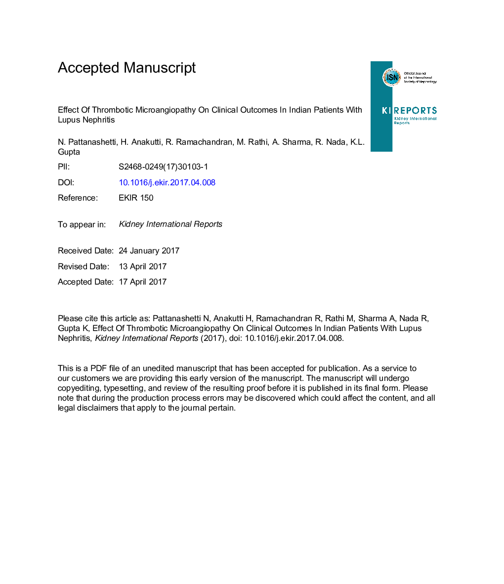 Effect of Thrombotic Microangiopathy on Clinical Outcomes in Indian Patients With Lupus Nephritis