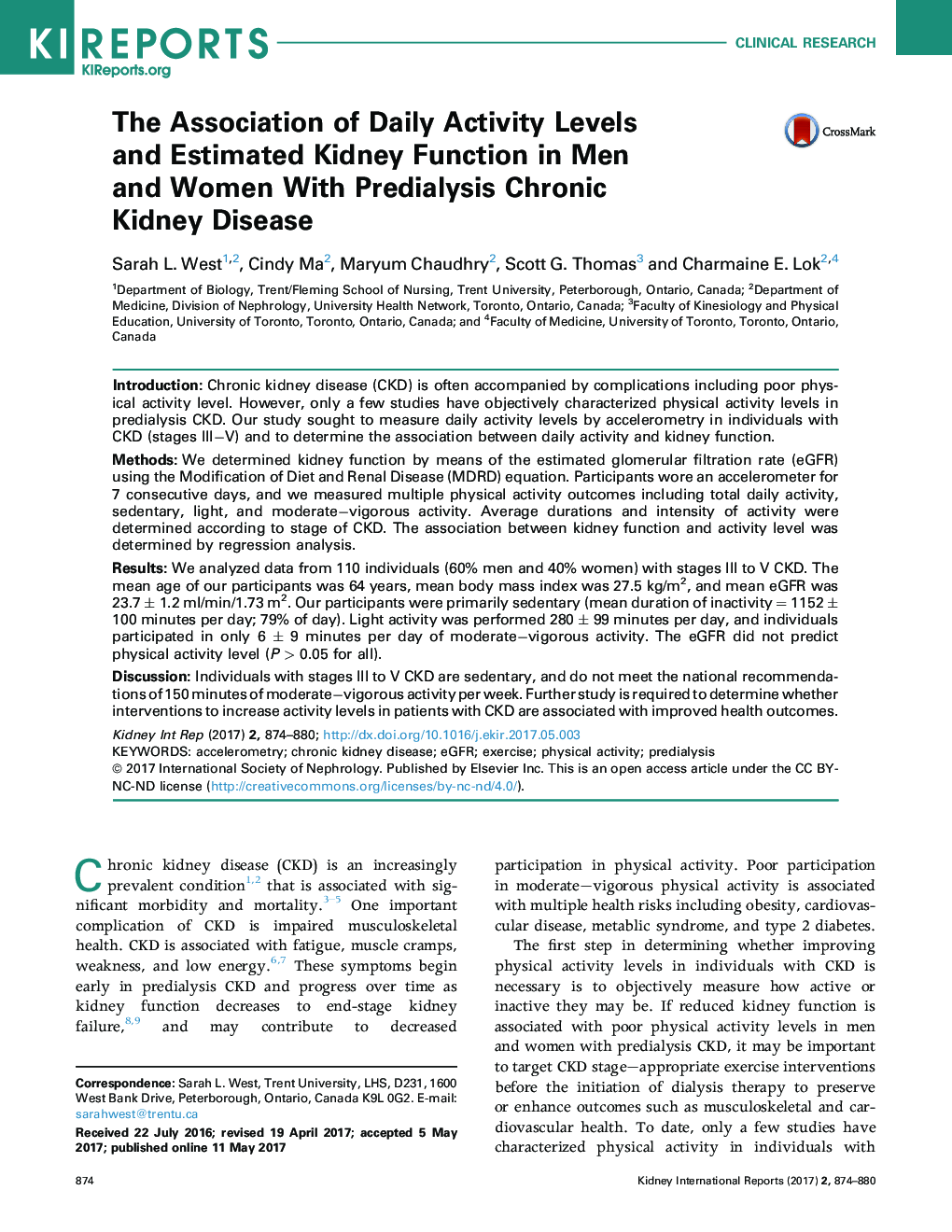 انجمن فعالیت های روزانه و عملکرد کلیه در مردان و زنان مبتلا به مزمن کلیوی مزمن 