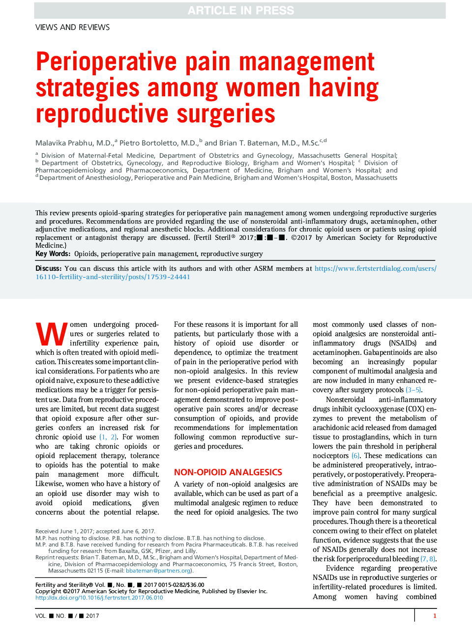 Perioperative pain management strategies among women having reproductive surgeries