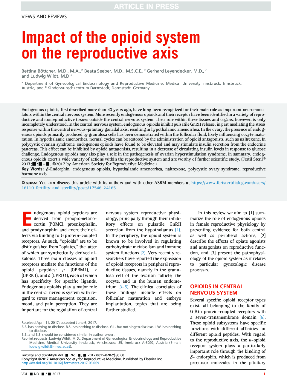 Impact of the opioid system onÂ theÂ reproductive axis