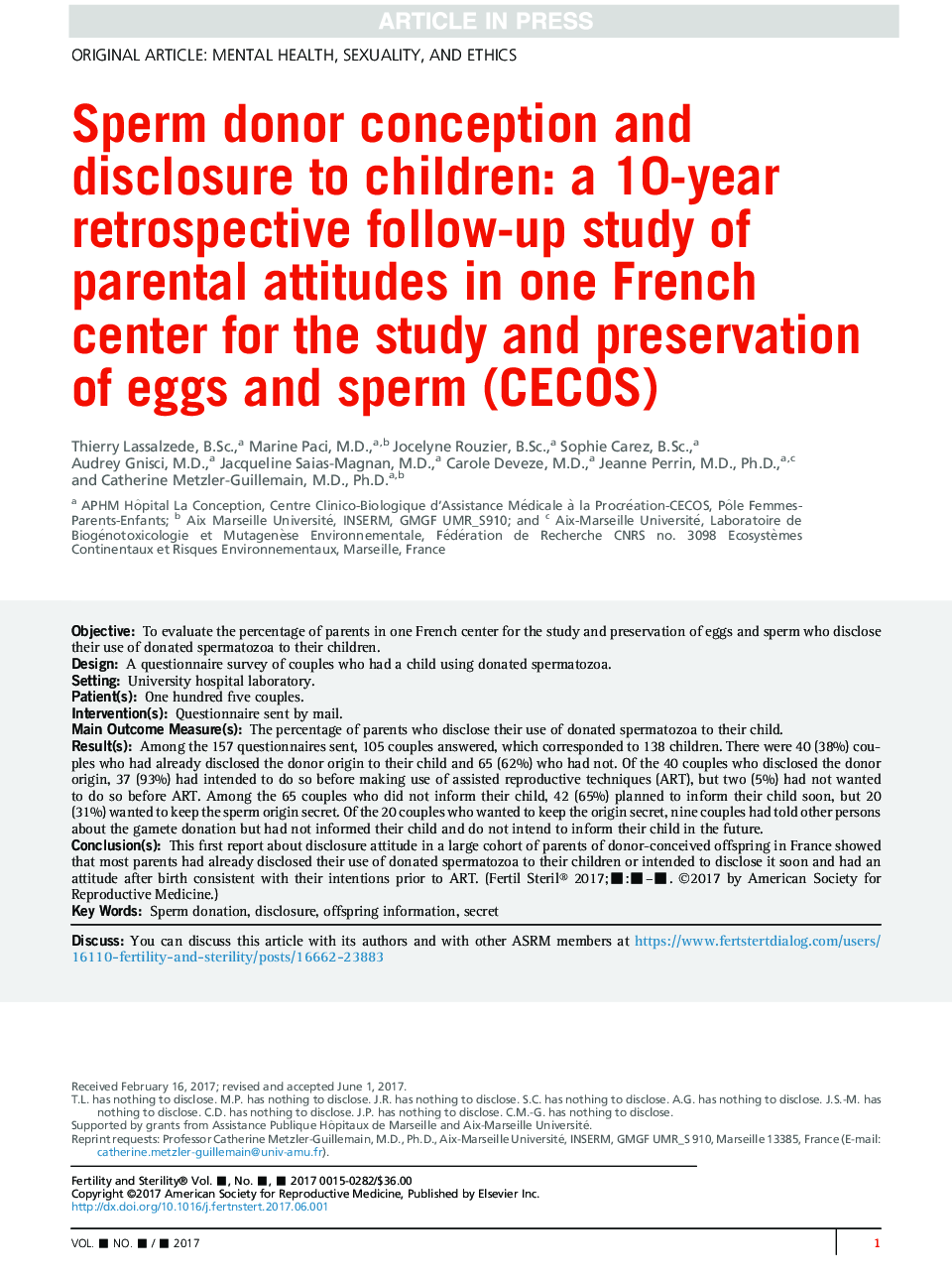 Sperm donor conception and disclosure to children: a 10-year retrospective follow-up study of parental attitudes in one French center for the study and preservation of eggs and sperm (CECOS)