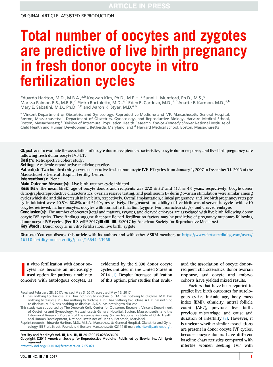 Total number of oocytes and zygotes are predictive of live birth pregnancy in fresh donor oocyte inÂ vitro fertilization cycles