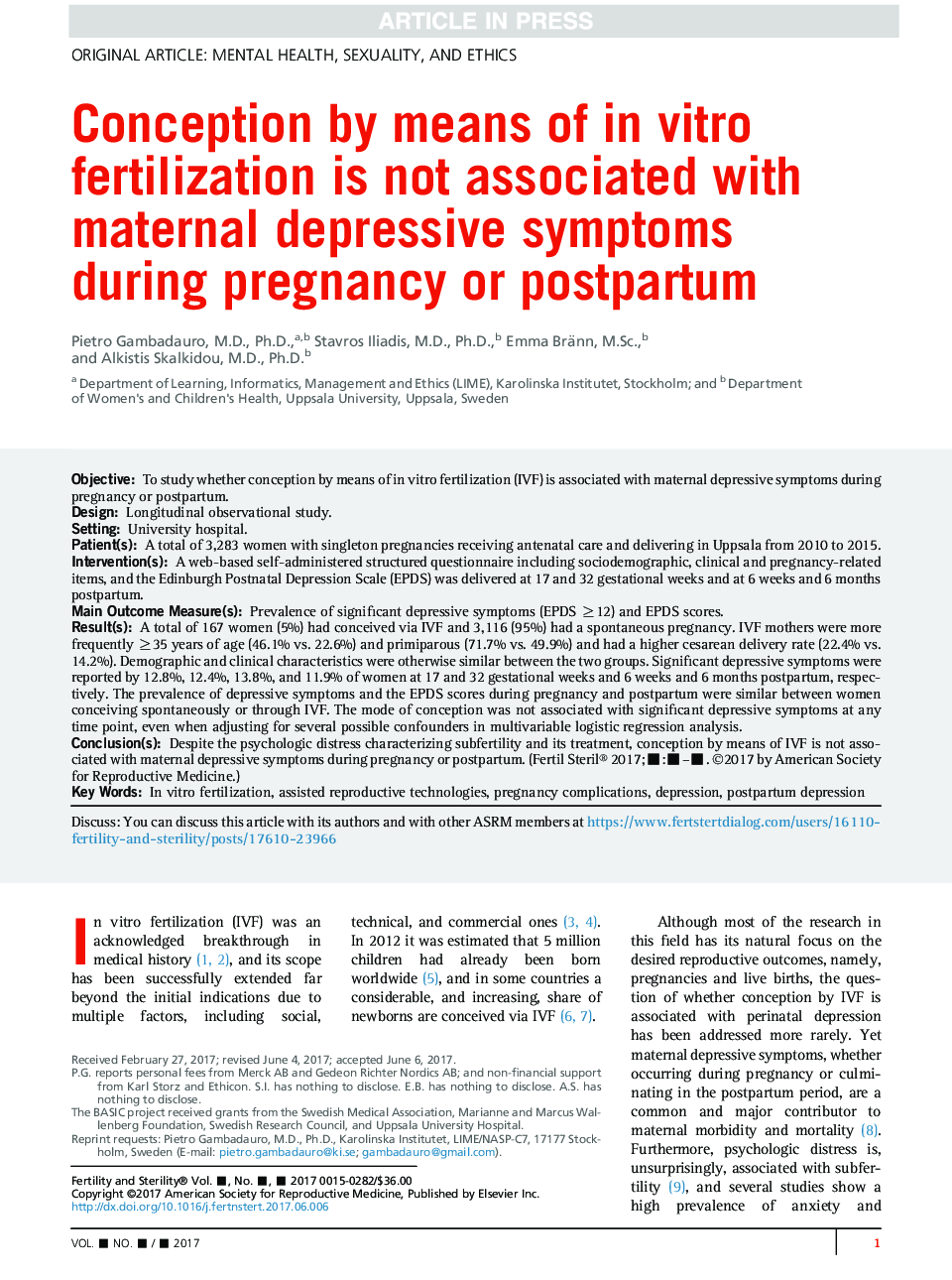 Conception by means of inÂ vitro fertilization is not associated with maternal depressive symptoms during pregnancy or postpartum