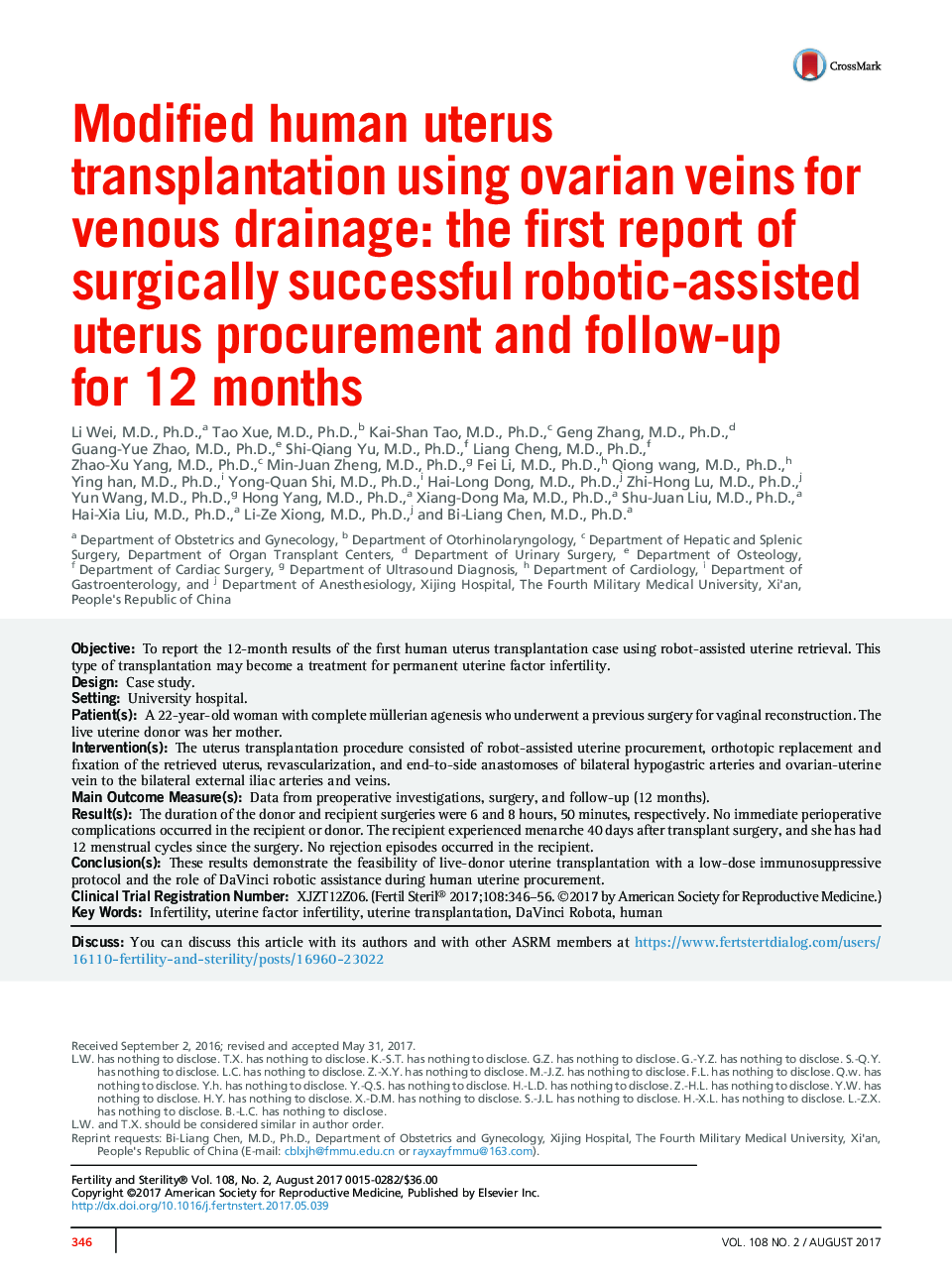 Modified human uterus transplantation using ovarian veins for venous drainage: the first report of surgically successful robotic-assisted uterus procurement and follow-up for 12Â months
