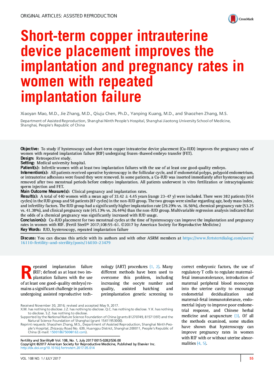 Short-term copper intrauterine device placement improves the implantation and pregnancy rates in women with repeated implantation failure