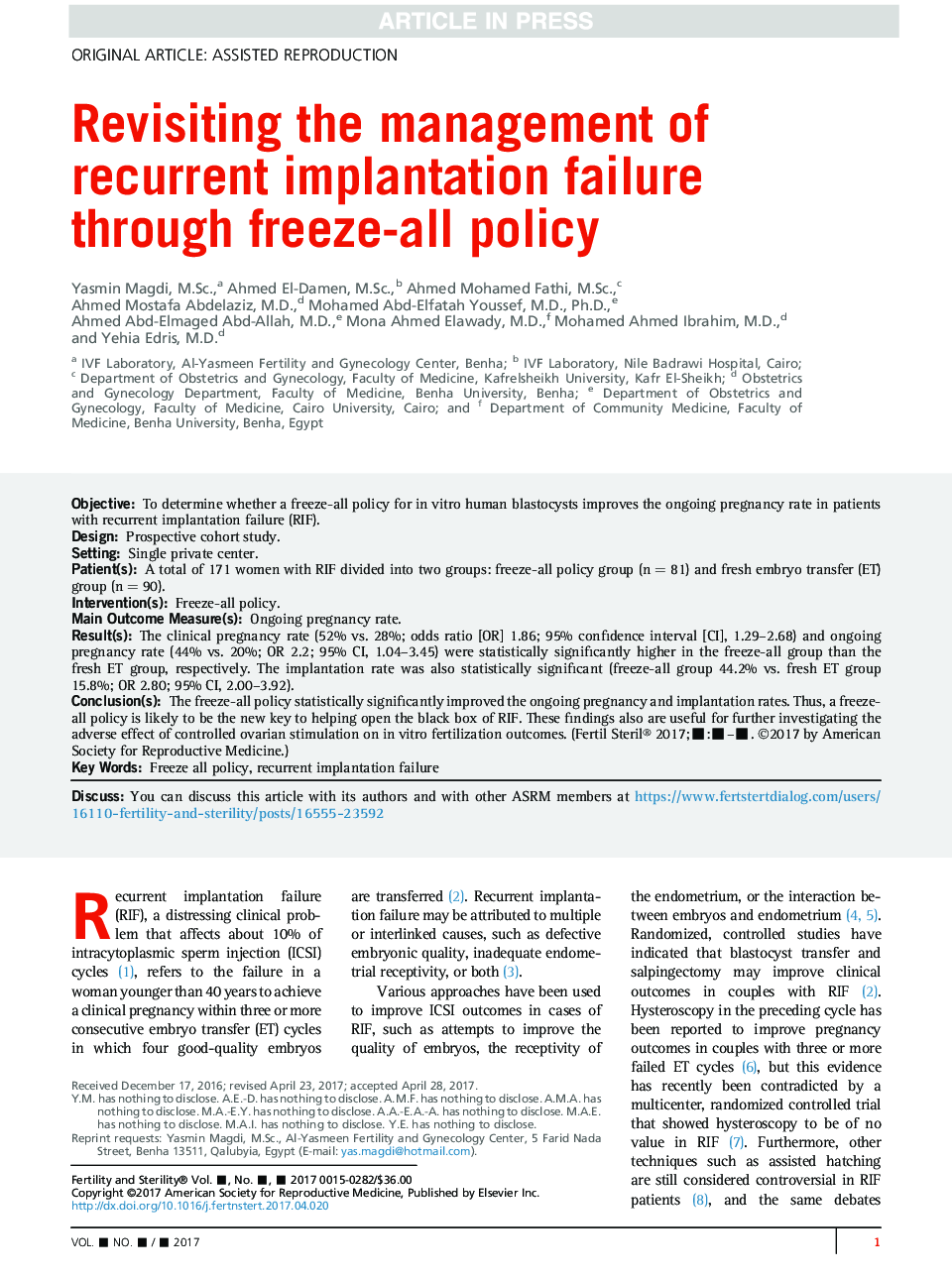 Revisiting the management of recurrent implantation failure through freeze-all policy