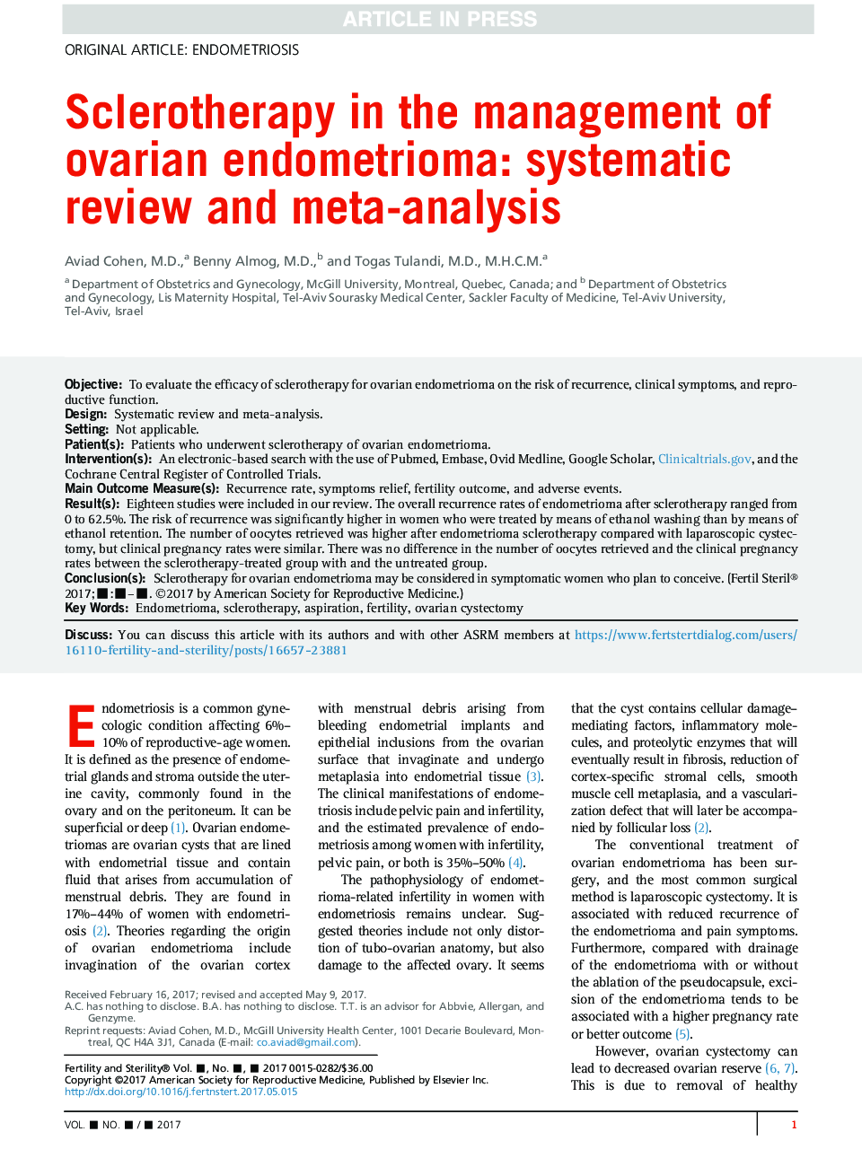 Sclerotherapy in the management of ovarian endometrioma: systematic review and meta-analysis