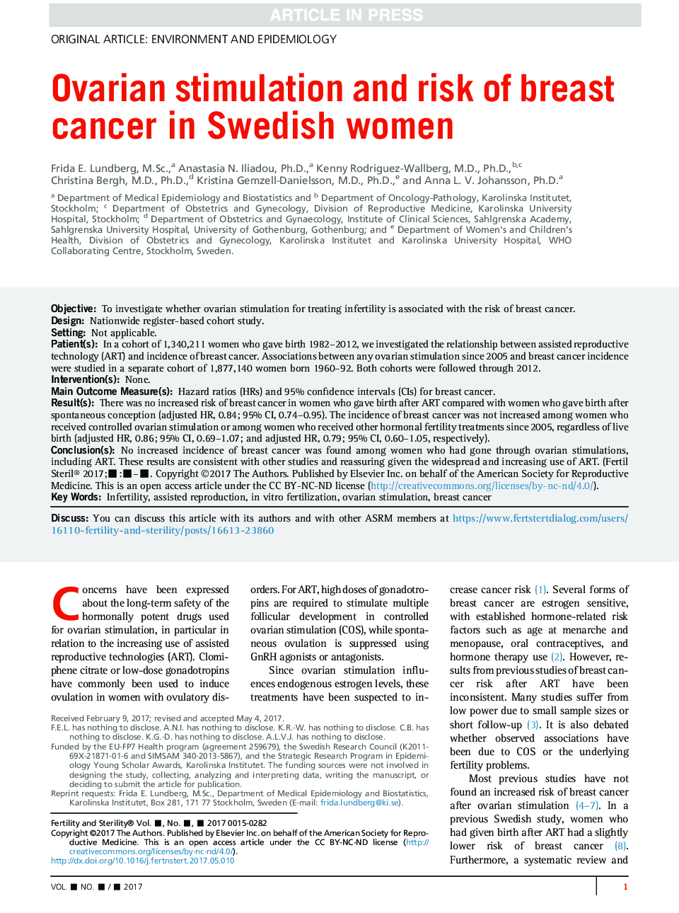 تحریک تخمدان و خطر سرطان پستان در زنان سوئدی 