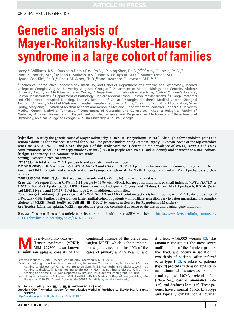 Genetic analysis of Mayer-Rokitansky-Kuster-Hauser syndrome in a large cohort of families