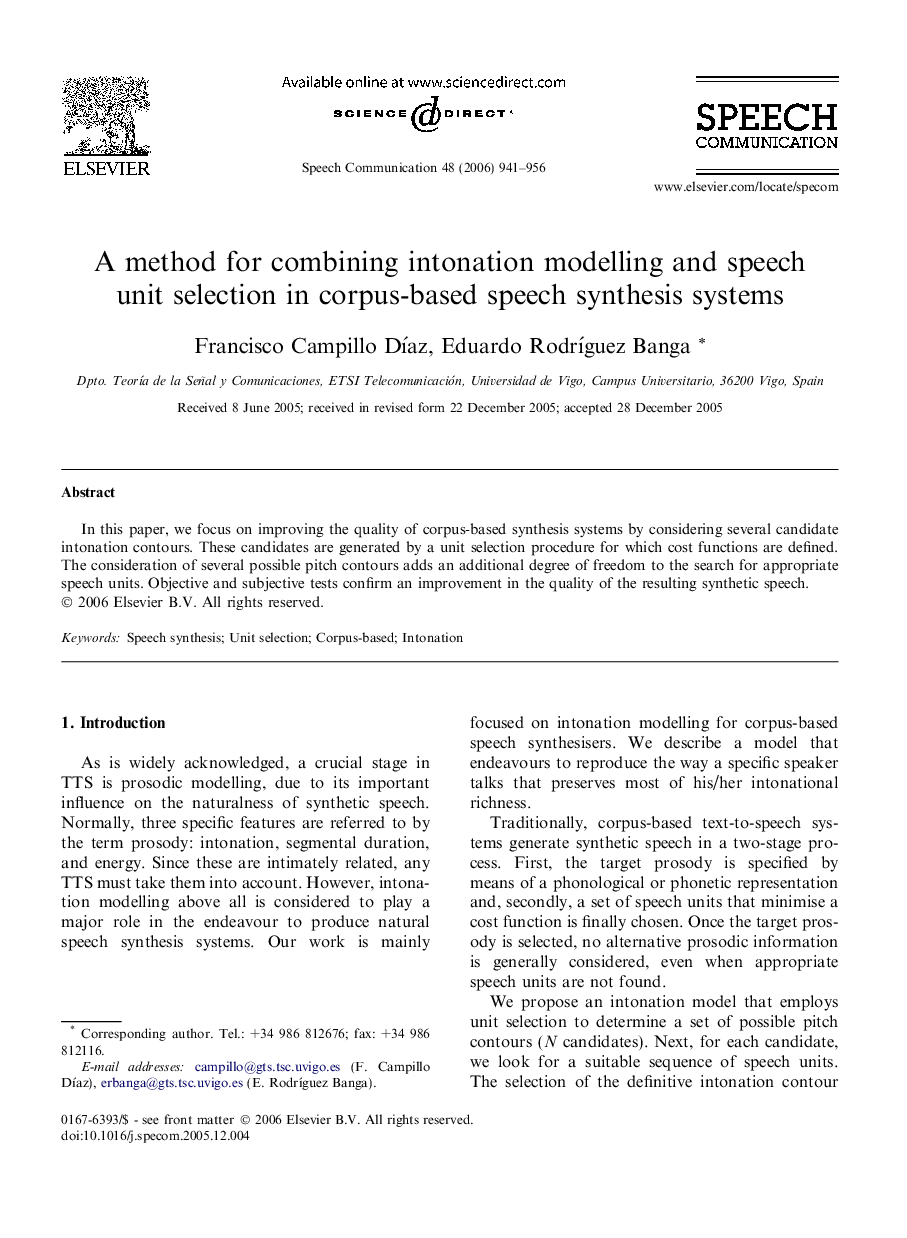 A method for combining intonation modelling and speech unit selection in corpus-based speech synthesis systems