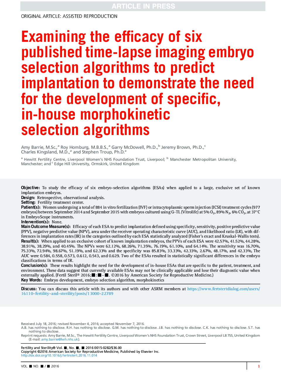 بررسی اثربخشی شش الگوریتم انتخاب ژنتیک تصویربرداری از زمان تخمینی برای پیش بینی لانه گزینی برای نشان دادن نیاز به توسعه الگوریتم های خاص مورفوکینتیک داخلی 