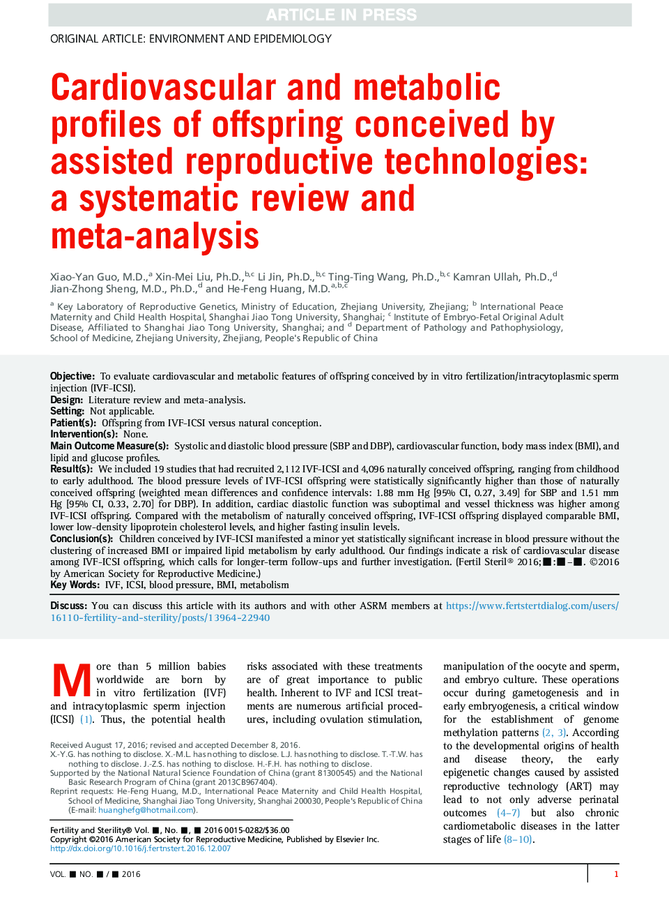 Cardiovascular and metabolic profiles of offspring conceived by assisted reproductive technologies: a systematic review and meta-analysis