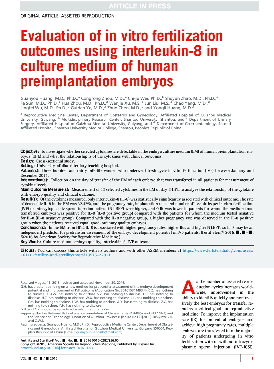 Evaluation of inÂ vitro fertilization outcomes using interleukin-8 in culture medium of human preimplantation embryos