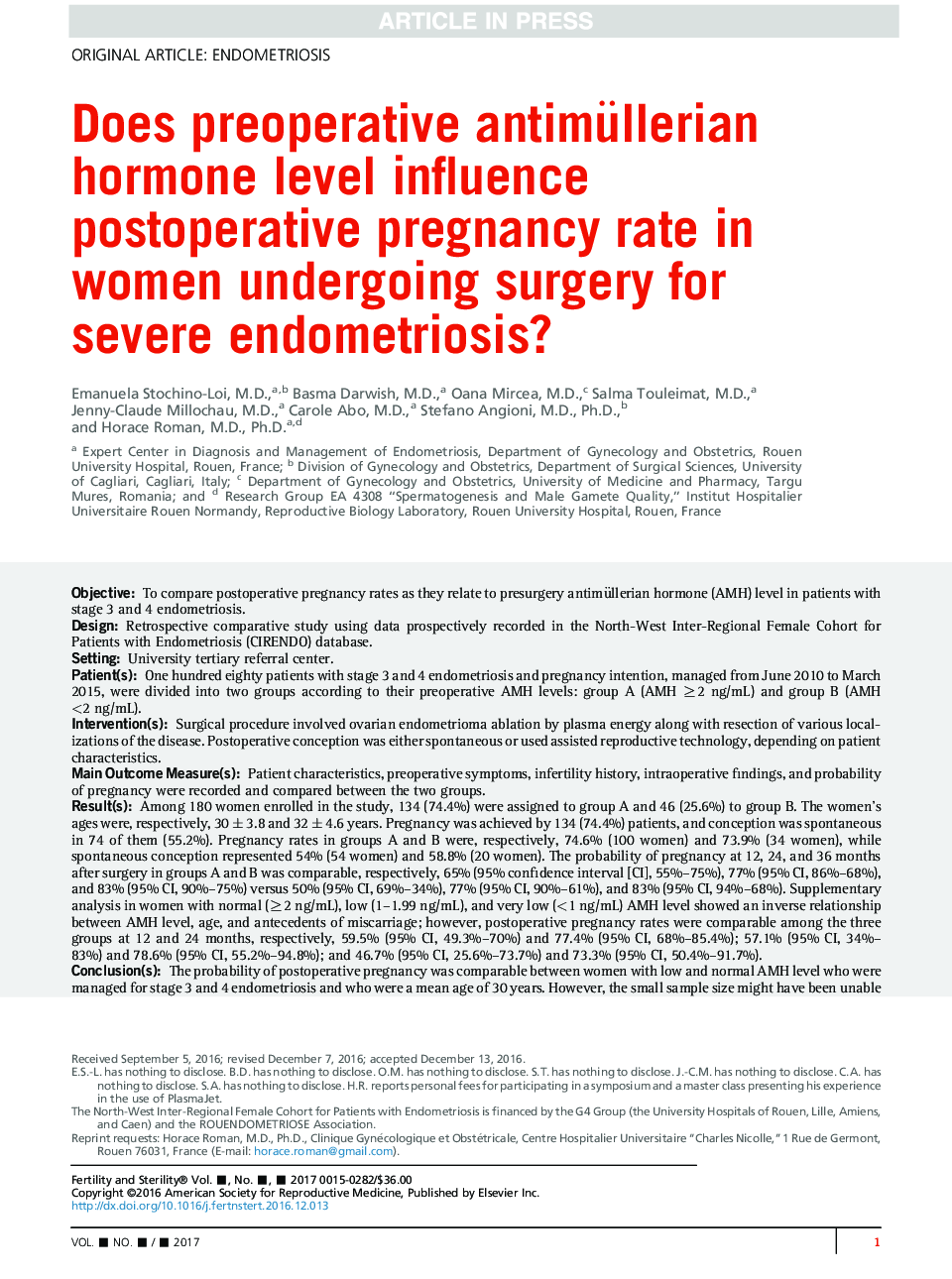 Does preoperative antimüllerian hormone level influence postoperative pregnancy rate in women undergoing surgery for severe endometriosis?