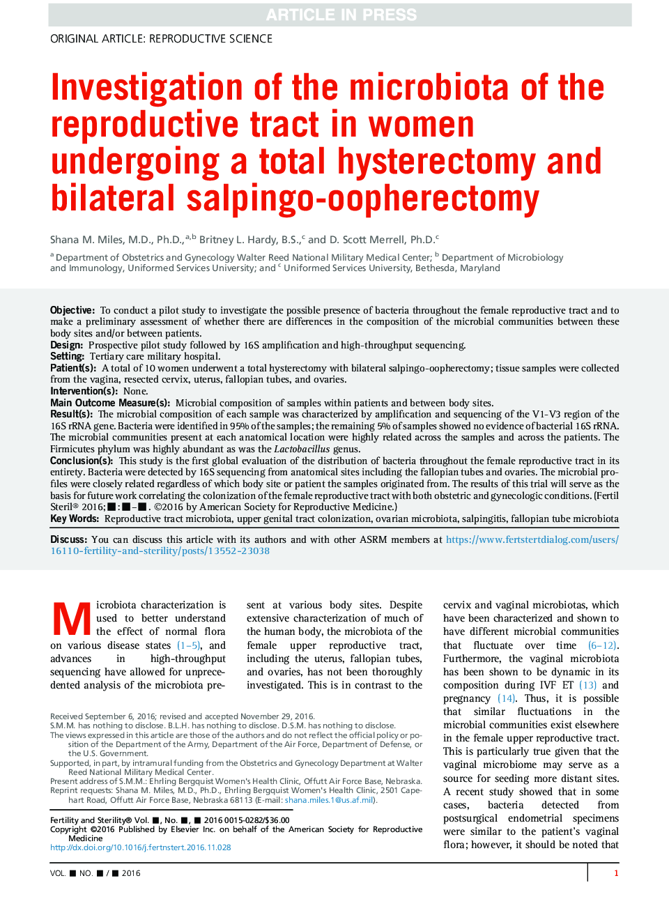 Investigation of the microbiota of the reproductive tract in women undergoing a total hysterectomy and bilateral salpingo-oopherectomy